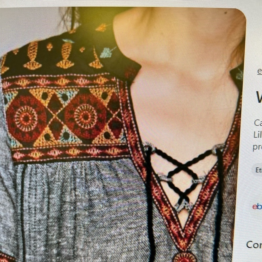 Free People S hippie boho embroidered tunic dress tassels ties long sleeve gray - Picture 2 of 9